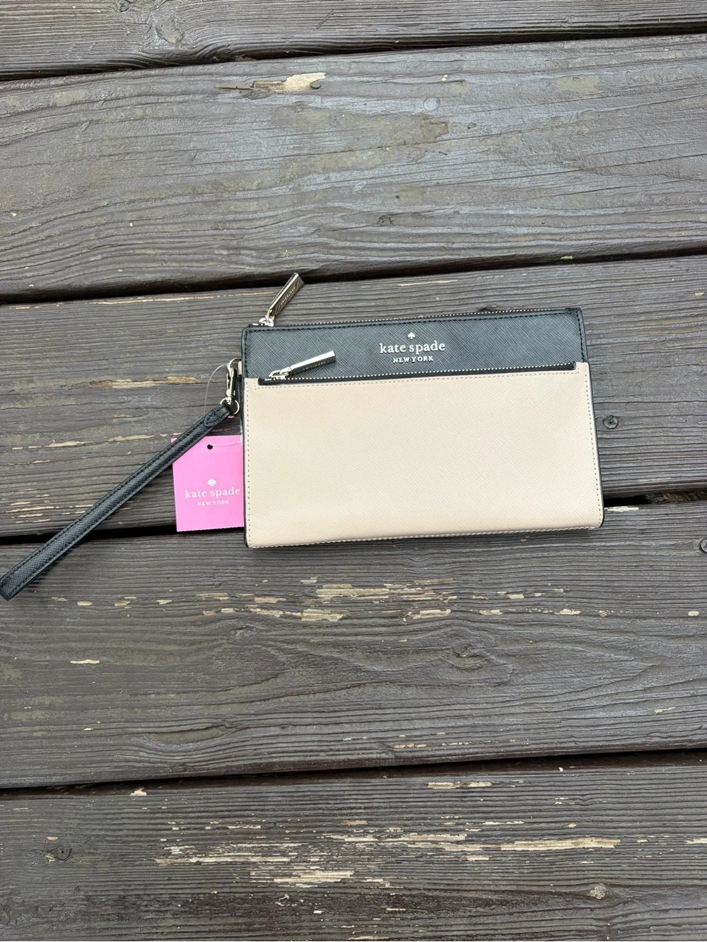 kate spade Two-Tone Black and Cream Wristlet with Zip Pocket